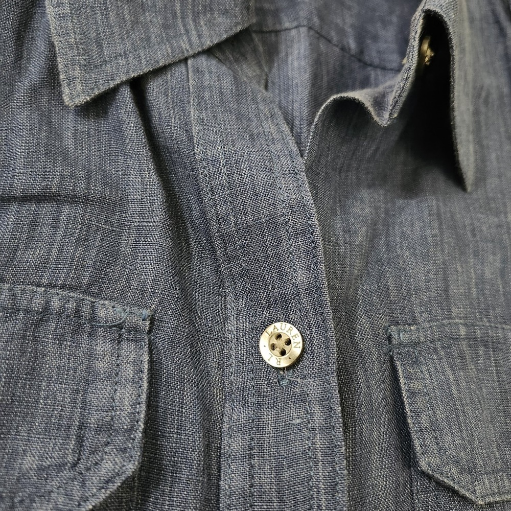 Lauren Ralph Lauren Denim Chambray Shirt Linen Shoulder Epaulets Petite Small - Picture 5 of 9
